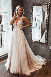 Elegant V-neck Open Back Lace Wedding Dresses, Simple Wedding Dresses